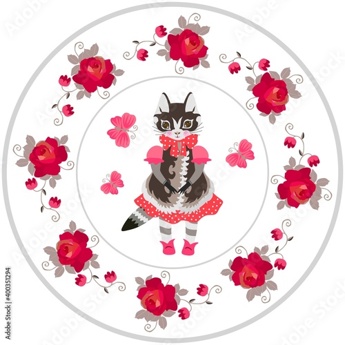 Cute cat - girl in dress. Beautiful round pattern with kitten and floral frame. Lid for gift box, decorative plate.