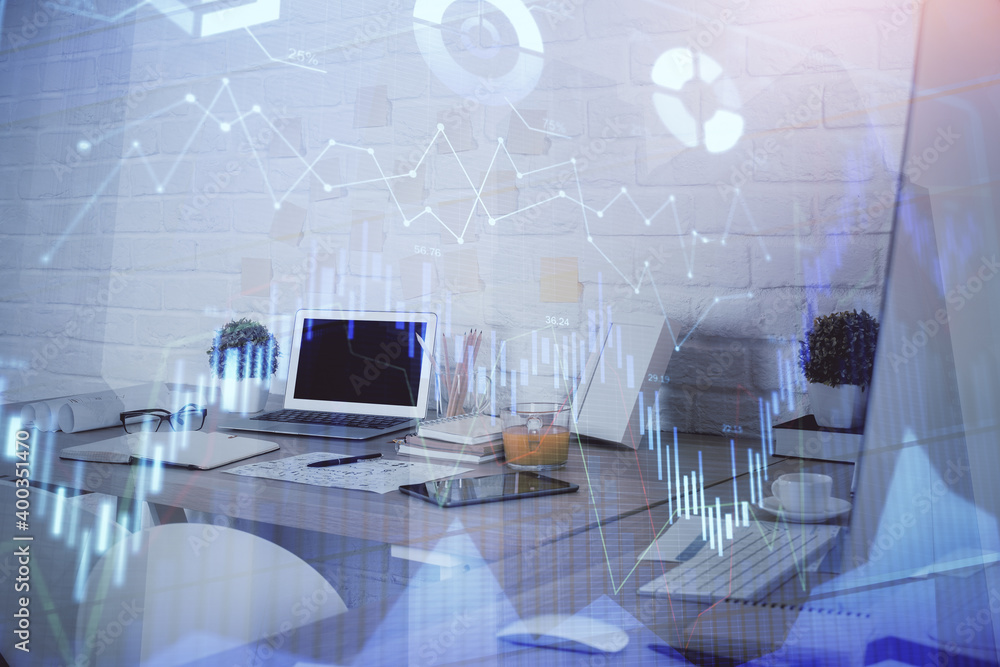 Multi exposure of stock market chart drawing and office interior background. Concept of financial analysis.