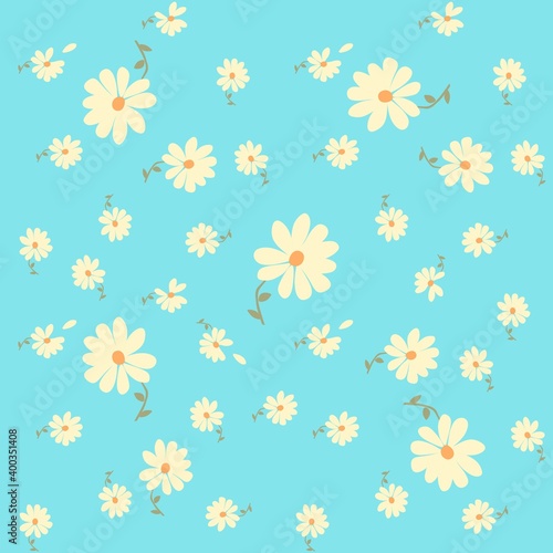 Floral seamless pattern with cute daisy flowers on light blue background.