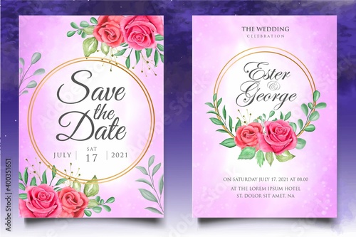 Watercolor wedding invitation floral and leaves card template