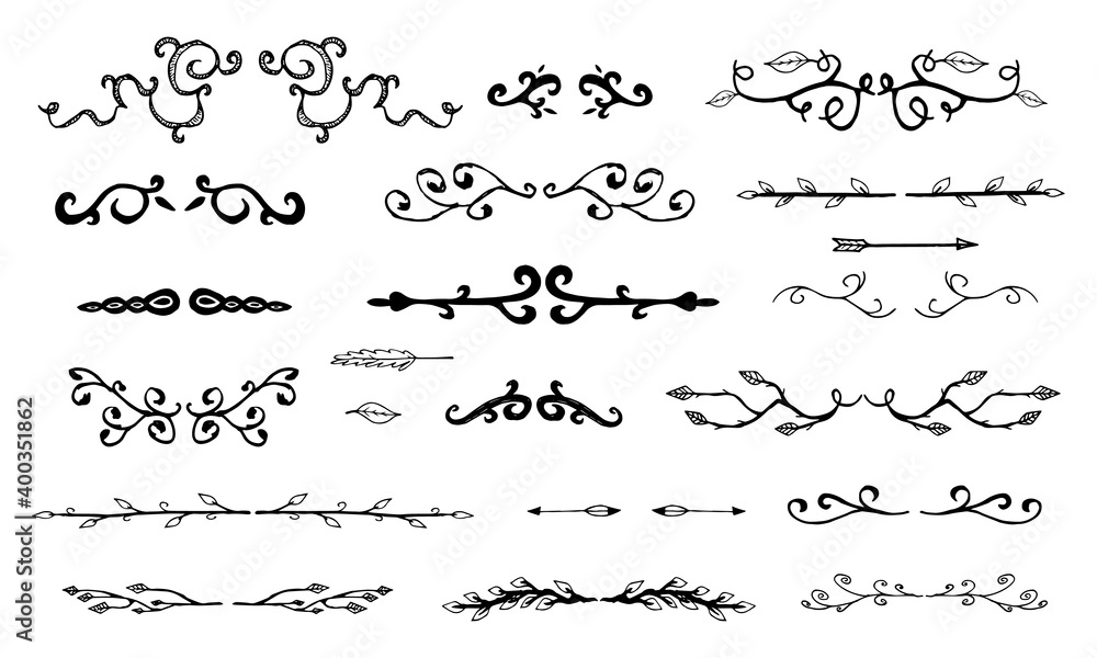 Set of hand drawn decorative text dividers and borders. Vector illustration.
