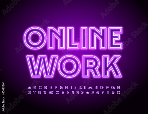Vector electric sign Online Work. Purple Neon Alphabet Letters and Numbers. Illuminated light Font
