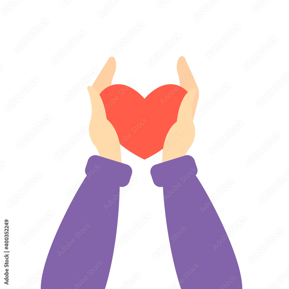 Hands holding a heart on a white isolated background. illustration in flat style. Hands holding a heart on a white isolated background. illustration in flat style.