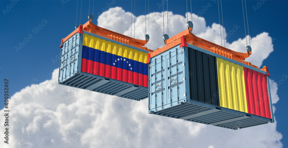 Freight containers with Venezuela and Belgium national flags. 3D Rendering 