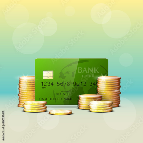 Credit card & gold coins banner. Banking hidden treasures icon. Finans riches icon. Plastic card software wealth badge. Debit card with electromagnetic chip. Privacy Electronic money funds transfer.