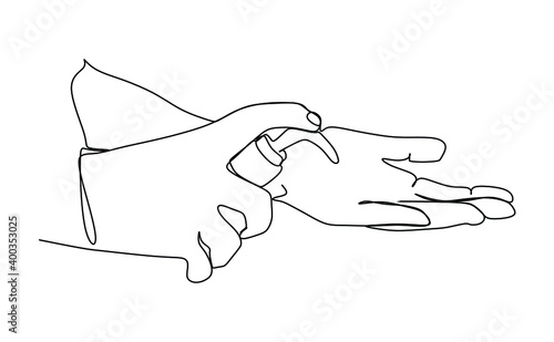 Cleaning hands using sanitizer gel. Continuous one line drawing