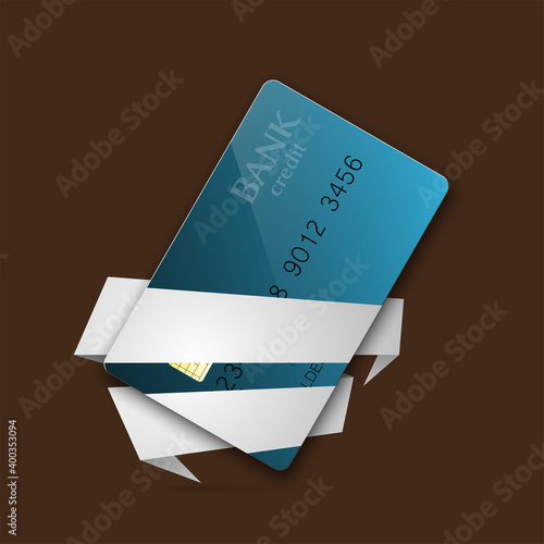 Credit card in empty stripe banner. Banking blank band icon. Finans tape icon. Plastic card software ribbon badge. Debit card with electromagnetic chip paper. Privacy Electronic money funds transfer.