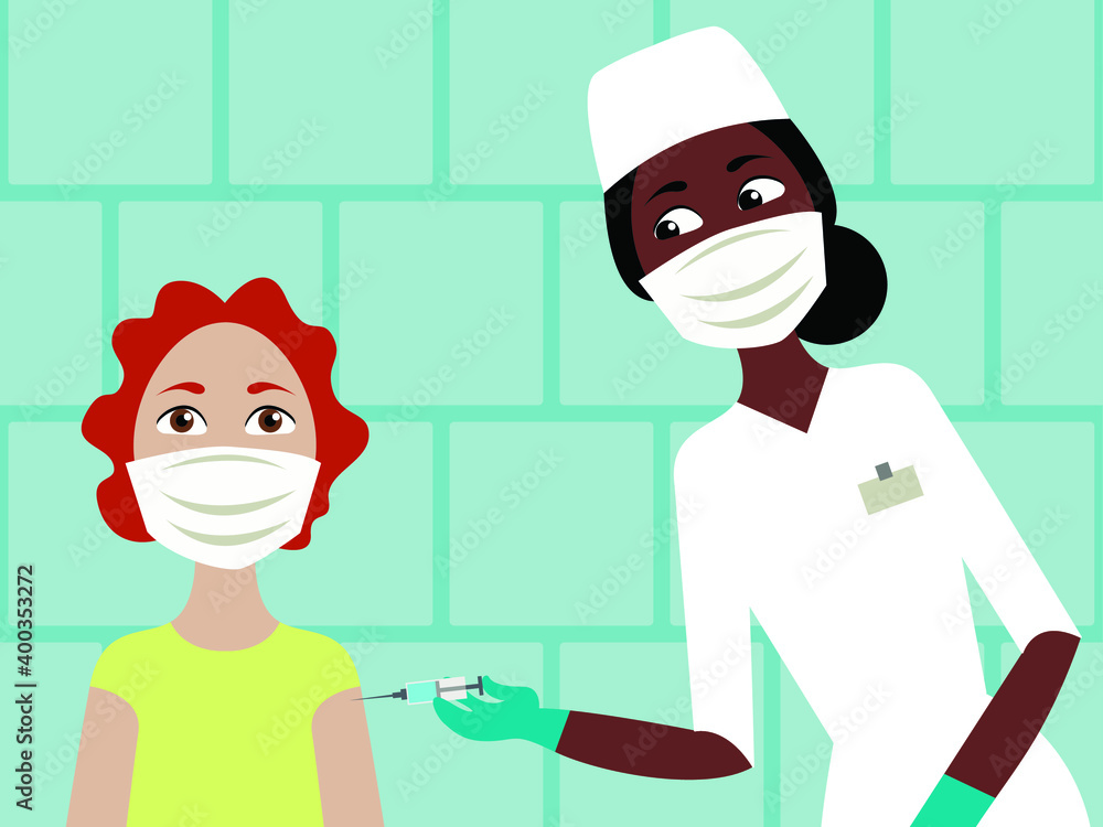 Obraz premium Vector illustration - a female doctor making a patient a coronavirus vaccine in the arm at the clinic. Concept stop covid.