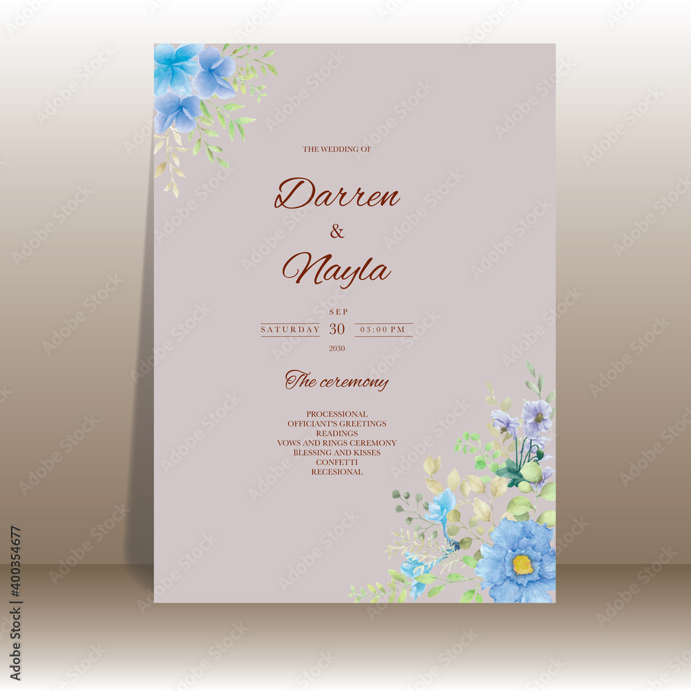 Wedding invitation set with beautiful flower watercolor frame