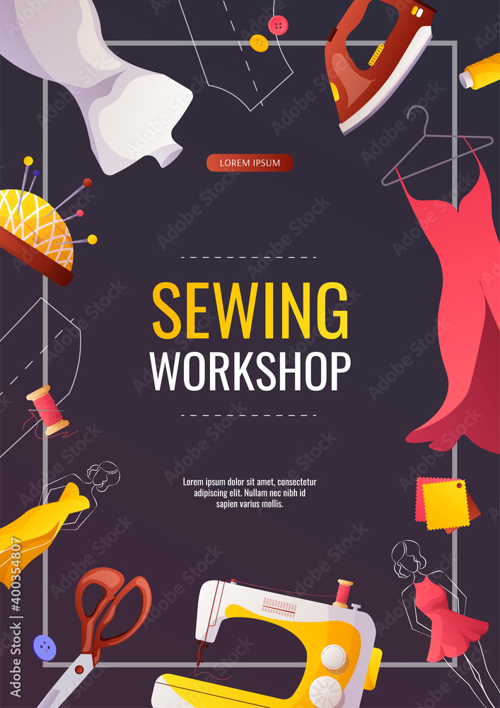 Banner design with sewing items. Sewing workshop, fashion design, dressmaking, tailoring concept. A4 vector illustration for poster, banner, advertising, commercial.