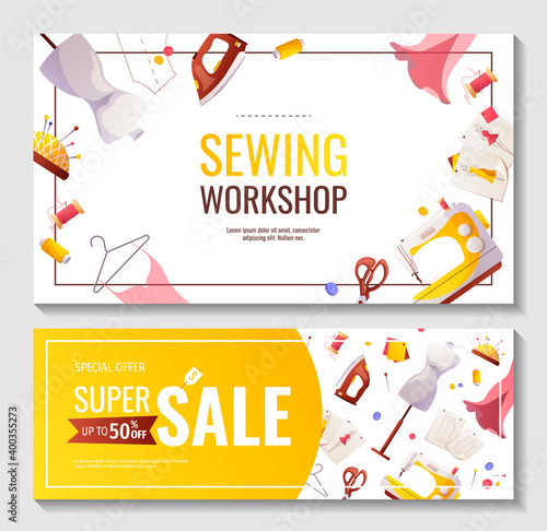 Set of banners for sewing workshop or courses, fashion design, dressmaking, tailoring. Sewing machine, mannequin, iron. Patterns and sketches, pincushion, threads, scissors. Vector illustration.