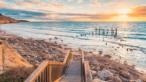 Port Willunga Beach view with jetty ruins at sunset, South Australia