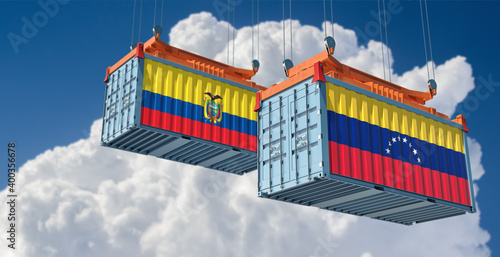 Freight containers with Ecuador and Venezuela national flags. 3D Rendering 