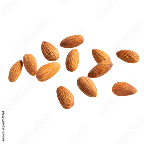raw fly Almond healthiest with copyspace almonds nut isolated healthy food on white background.of the best brain foods.