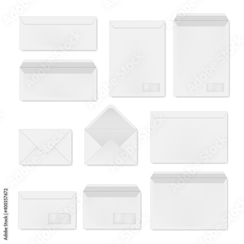 Envelopes white open and closed realistic templates set. Postal supplies.