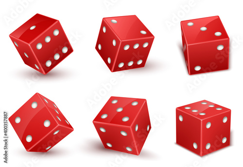 Red dice with number of dots from one to six at the top realistic set. Cubes, throwable games objects.