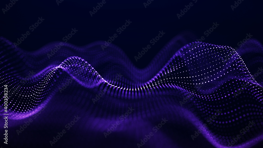 Fototapeta premium Abstract wave with moving dots. Flow of particles. Cyber technology illustration. 3d rendering