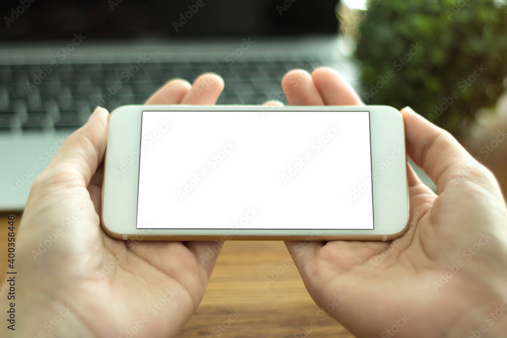 Mockup image of hands cafe making show shopping transfer payment through smartphone app Mobile Payment with NFC technology Mockup image of hands cafe making show shopping transfer payment through smartphone app Mobile Payment with NFC technology