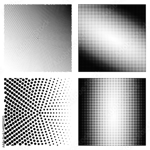 Set of black halftone on different shape. Pop art texture made of spots. Vector round dots gradient.