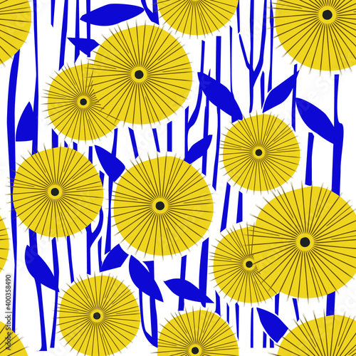 Seamless repeat pattern with flowers and leaves in black and yellow on white background. Hand drawn fabric, gift wrap, wall art design. VECTOR ILLUSTRATION