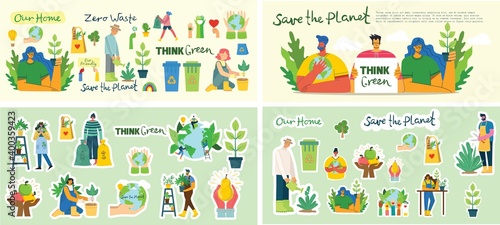 Set of eco save environment stickers pictures. People taking care of planet collage.