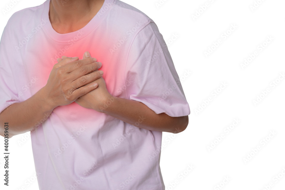 An Asian woman puts both hands on her left chest. , Showing symptoms of an irregular heartbeat