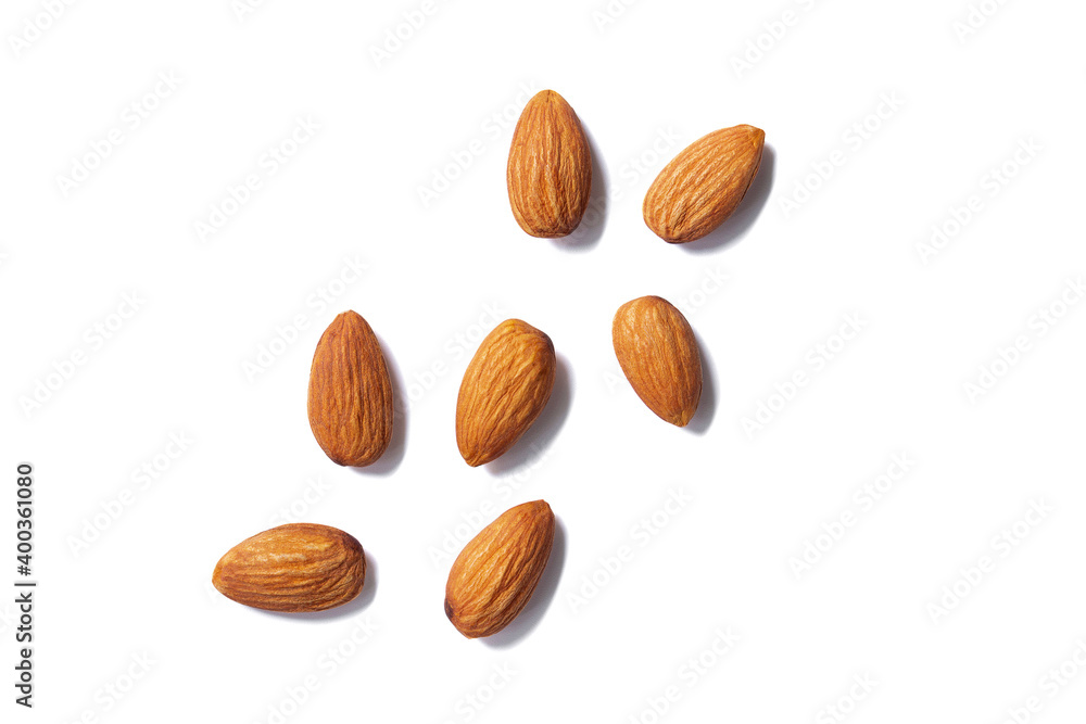 Almonds floating pieces on white isolated .almond Image stack Full depth of field macro shot Almonds floating pieces on white isolated .almond Image stack Full depth of field macro shot