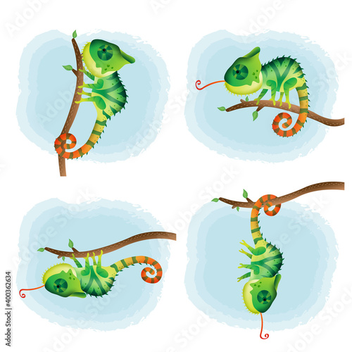 Vector cartoon set of cute chameleon
