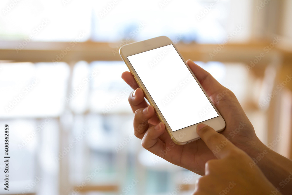Blank display smartphone on shopping store online display text pay and shopping cart on screen Blank display smartphone on shopping store online display text pay and shopping cart on screen