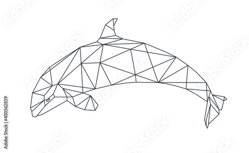 Isolated dolphin in low poly style on white background. A polygonal illustration of an aquatic animal consisting of triangles. Geometric design for the logo, for printing on clothes or poster. Vector.