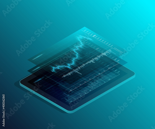 Data analytics business concept banner. 3D Digital infographic banner. Abstract financial background technology business diagram. Flat isometric Stock market investment concept. Finance phone