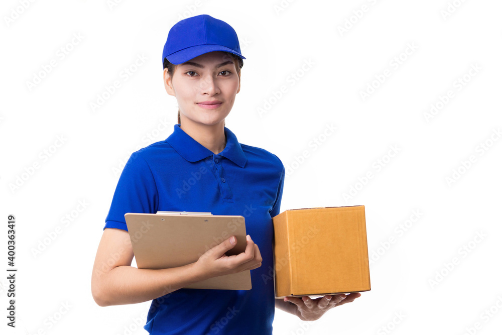 delivery woman holding pile of cardboard boxes in front with copy space clipboard clipping path delivery woman holding pile of cardboard boxes in front with copy space clipboard clipping path
