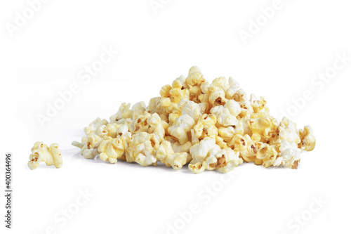 Popcorn on a white scene.