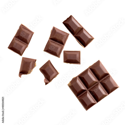 chocolate pieces fly Clipping Path on white isolated .Image stack Full depth of field macro