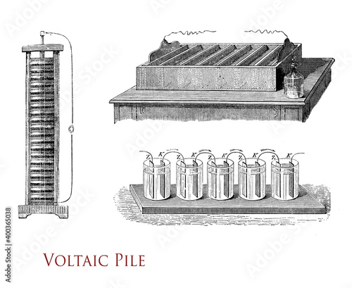 Voltaic pile: the first electrical battery to provide continuous electric current to a circuit, invented by Alessandro Volta, vintage illustration photo