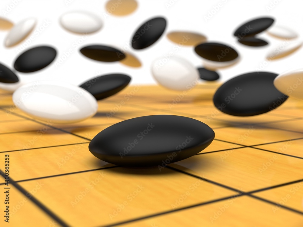The moving stone fall onto the board Goban - 3D Render The moving stone fall onto the board Goban - 3D Render