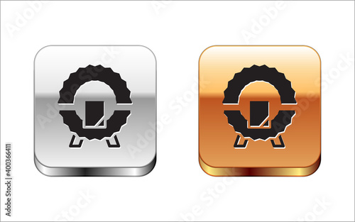Black Memorial wreath icon isolated on white background. Funeral ceremony. Silver-gold square button. Vector
