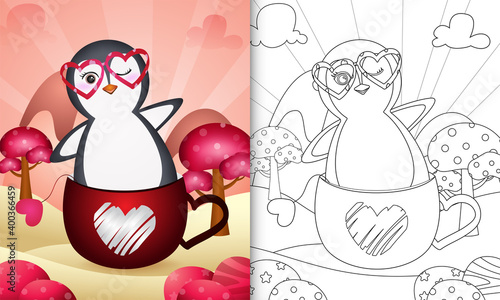 coloring book for kids with a cute penguin in the cup themed valentine day