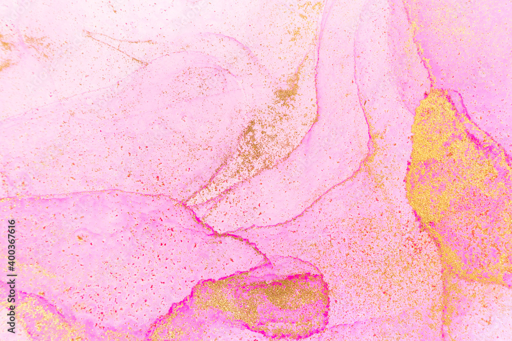 Alcohol ink pink and gold abstract stains background. Drops watercolor transparent texture. Alcohol ink pink and gold abstract stains background. Drops watercolor transparent texture.