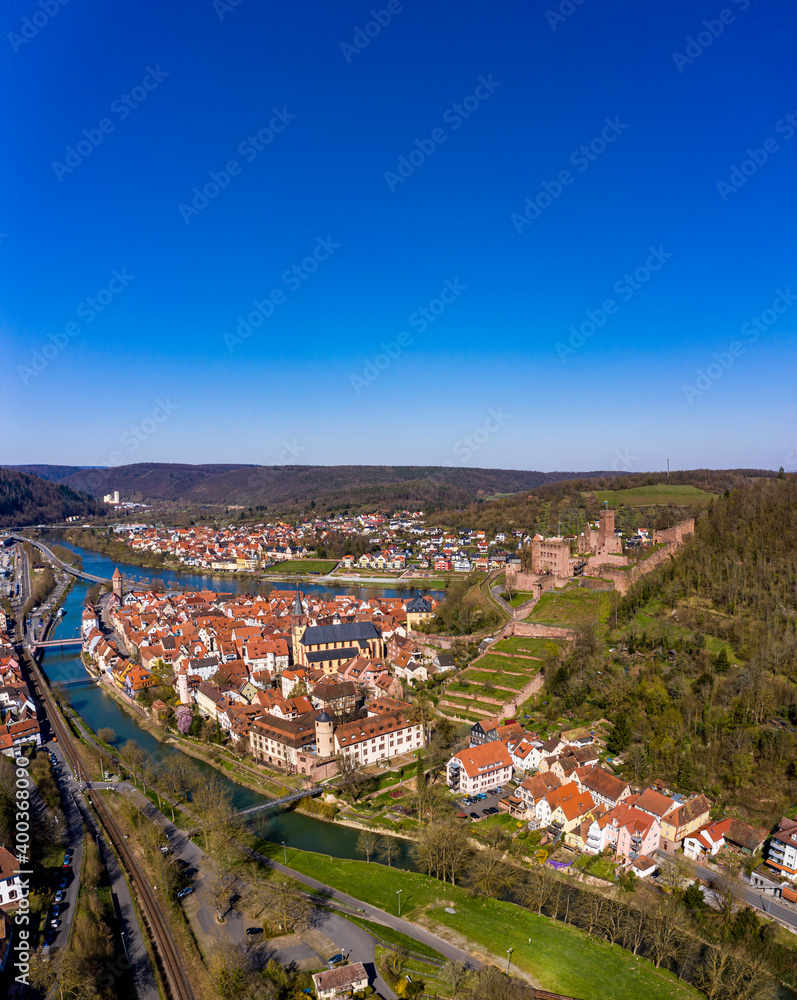 Aerial view, Wertheim with castle, river Main and Tauber, Baden-Württemberg, Germany