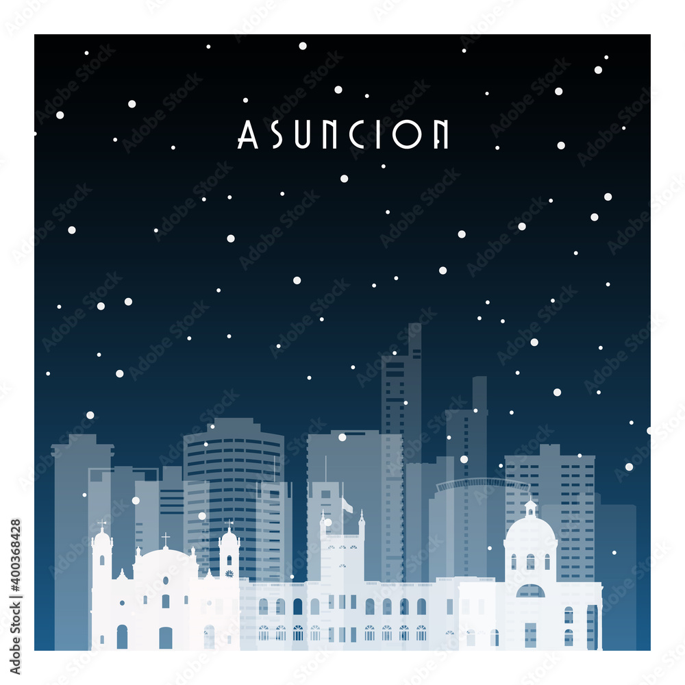 Winter night in Asuncion. Night city in flat style for banner, poster, illustration, background.