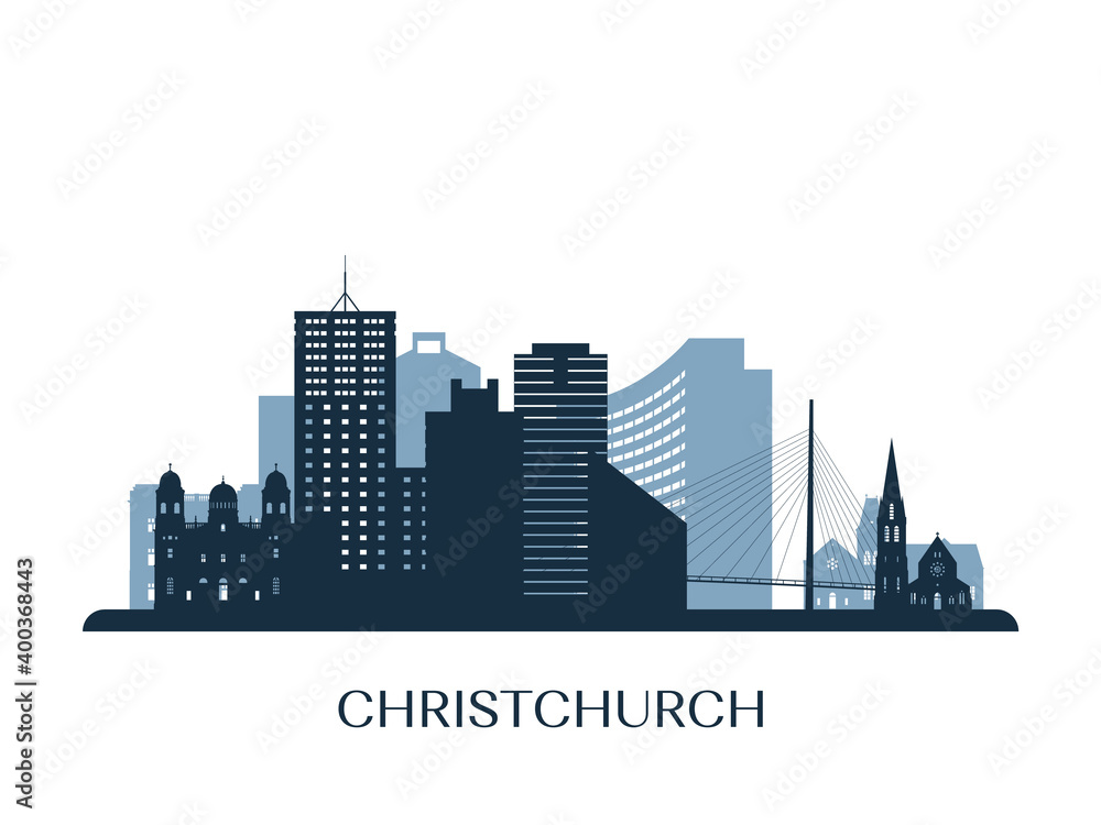 Fototapeta premium Christchurch skyline, monochrome silhouette. Vector illustration.