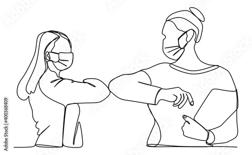Two people male and female elbow bumping to prevent virus infection. Continuous one line drawing