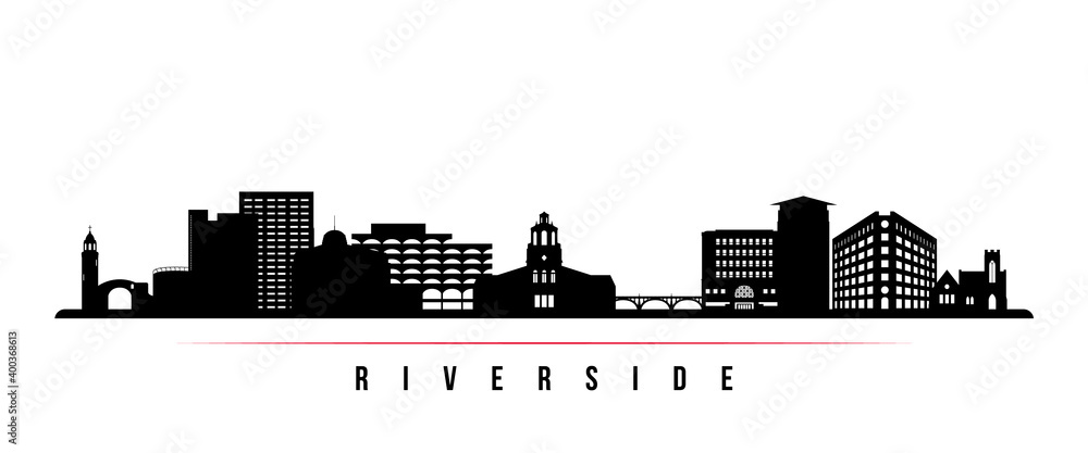 Riverside skyline horizontal banner. Black and white silhouette of Riverside City, California. Vector template for your design.