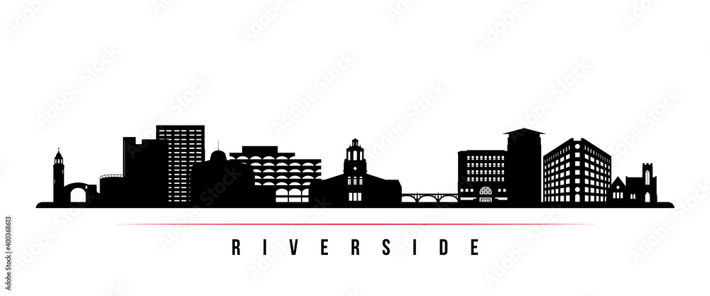 Obraz premium Riverside skyline horizontal banner. Black and white silhouette of Riverside City, California. Vector template for your design.