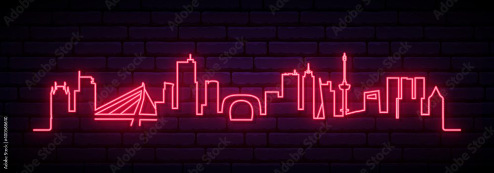Fototapeta premium Red neon skyline of Rotterdam. Bright Rotterdam City long banner. Vector illustration.