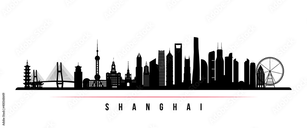 Naklejka premium Shanghai skyline horizontal banner. Black and white silhouette of Shanghai City, China. Vector template for your design.