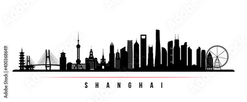 Shanghai skyline horizontal banner. Black and white silhouette of Shanghai City, China. Vector template for your design.