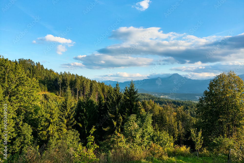 Nice view of the green forest against the background of mountains and blue sky. Nice view of the green forest against the background of mountains and blue sky.