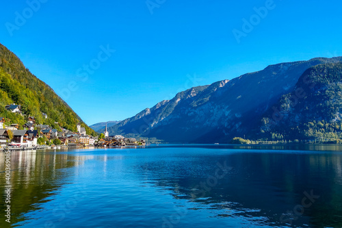 Nice view of the mountain village and lake in the mountains in Austria.